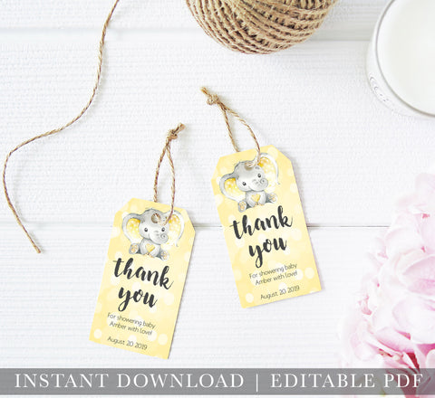 baby shower thank you tags, printable baby thank you tags, editable baby thank you tags, yellow elephant baby tags