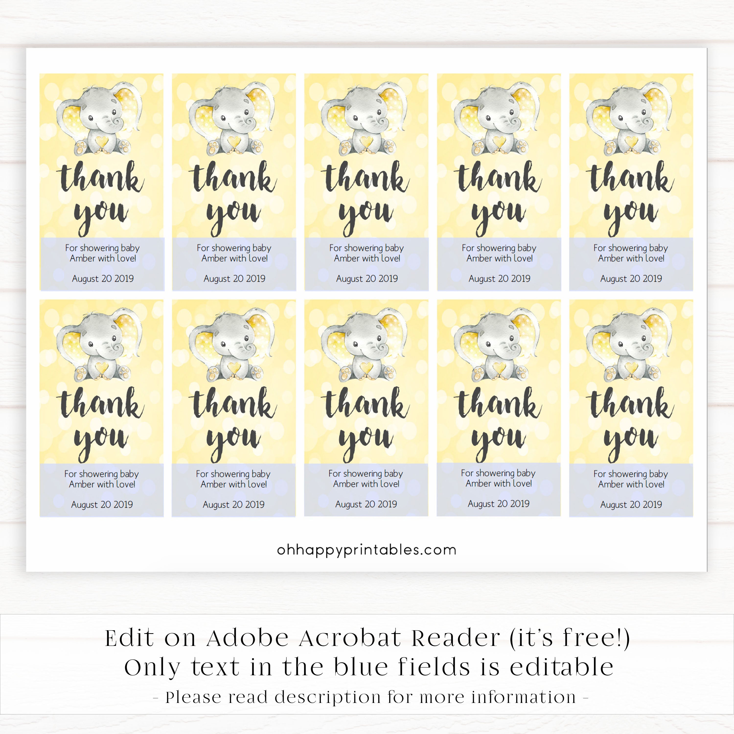 baby shower thank you tags, printable baby thank you tags, editable baby thank you tags, yellow elephant baby tags