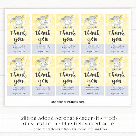 baby shower thank you tags, printable baby thank you tags, editable baby thank you tags, yellow elephant baby tags
