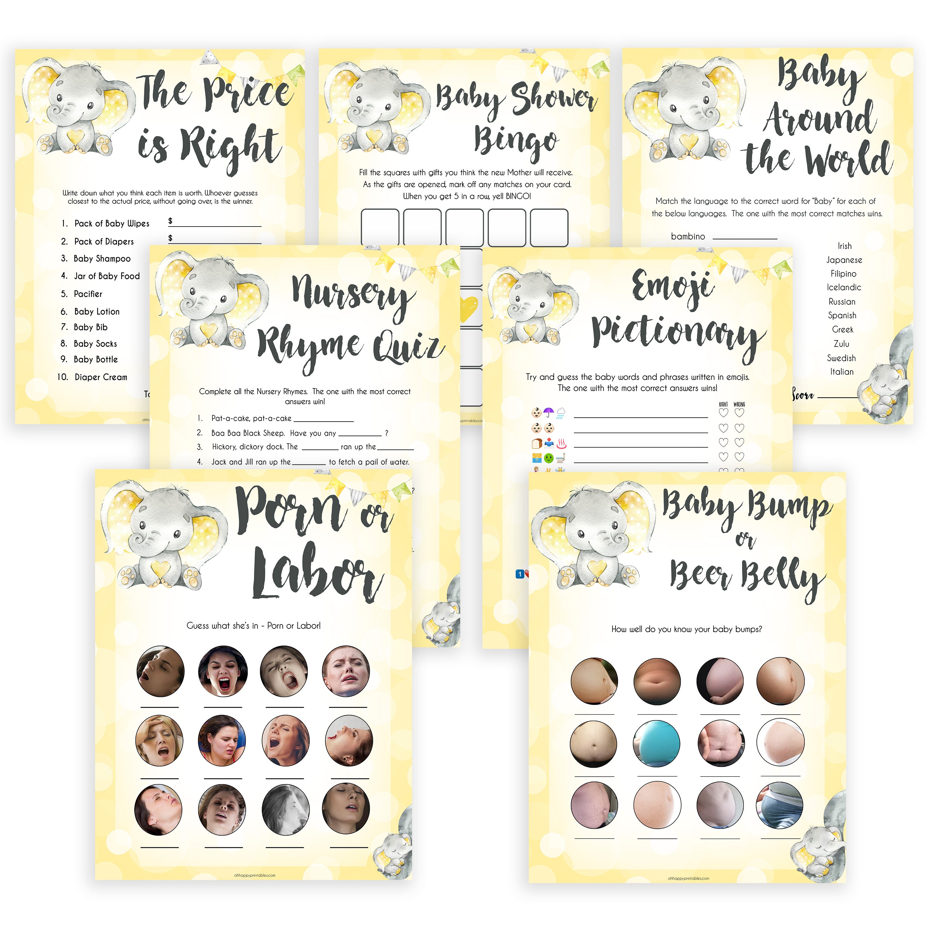 yellow elephant baby games, 7 baby game bundle, baby shower games, baby game bundles, fun baby games, top baby games, labor or porn, baby bump game, instant download games