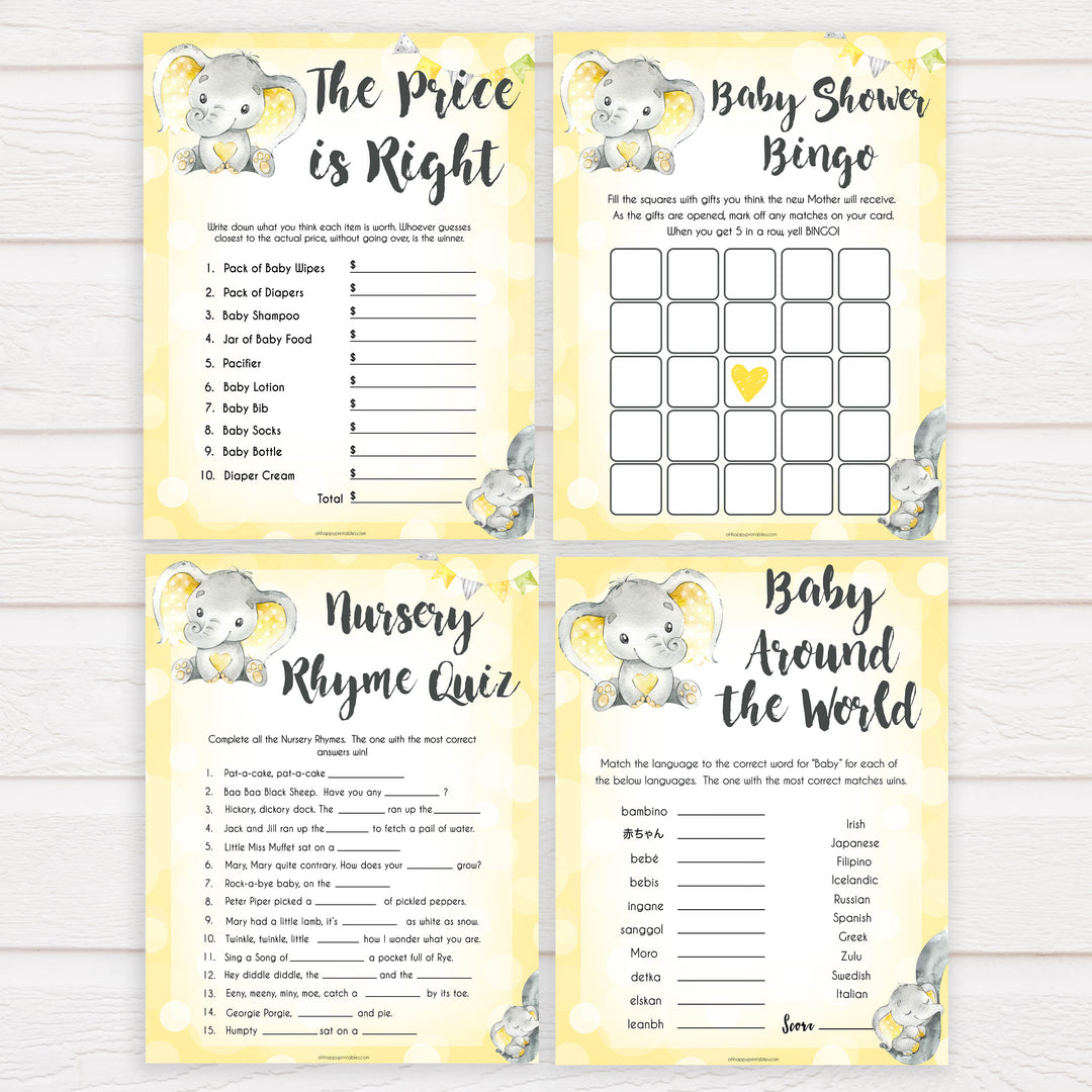 yellow elephant baby games, 7 baby game bundle, baby shower games, baby game bundles, fun baby games, top baby games, labor or porn, baby bump game, instant download games
