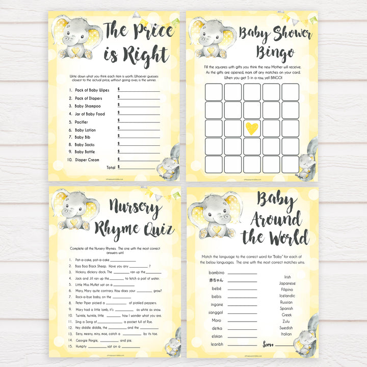 yellow elephant baby games, 7 baby game bundle, baby shower games, baby game bundles, fun baby games, top baby games, labor or porn, baby bump game, instant download games