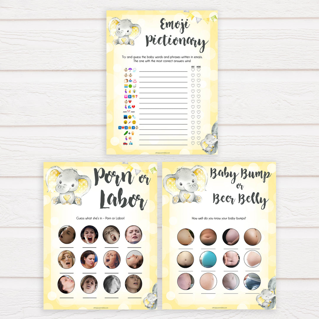yellow elephant baby games, 7 baby game bundle, baby shower games, baby game bundles, fun baby games, top baby games, labor or porn, baby bump game, instant download games