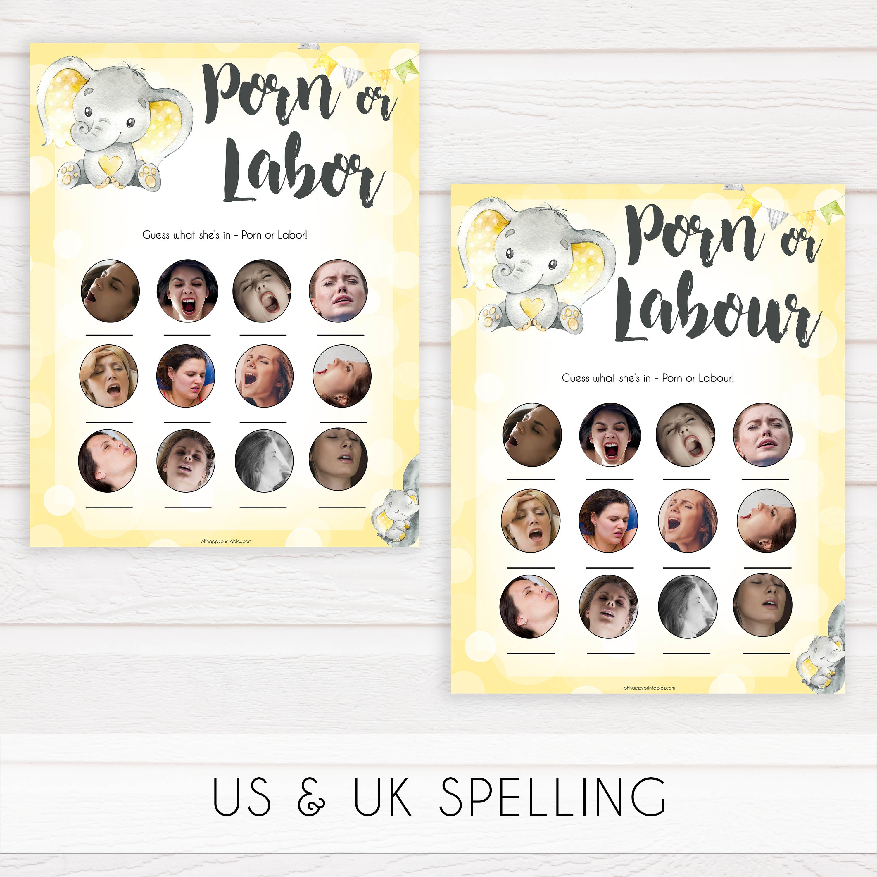 yellow elephant baby games, 7 baby game bundle, baby shower games, baby game bundles, fun baby games, top baby games, labor or porn, baby bump game, instant download games