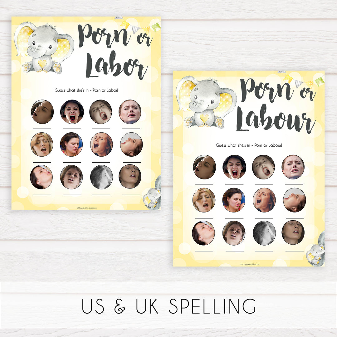 yellow elephant baby games, 7 baby game bundle, baby shower games, baby game bundles, fun baby games, top baby games, labor or porn, baby bump game, instant download games