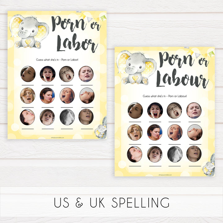 yellow elephant baby games, 7 baby game bundle, baby shower games, baby game bundles, fun baby games, top baby games, labor or porn, baby bump game, instant download games