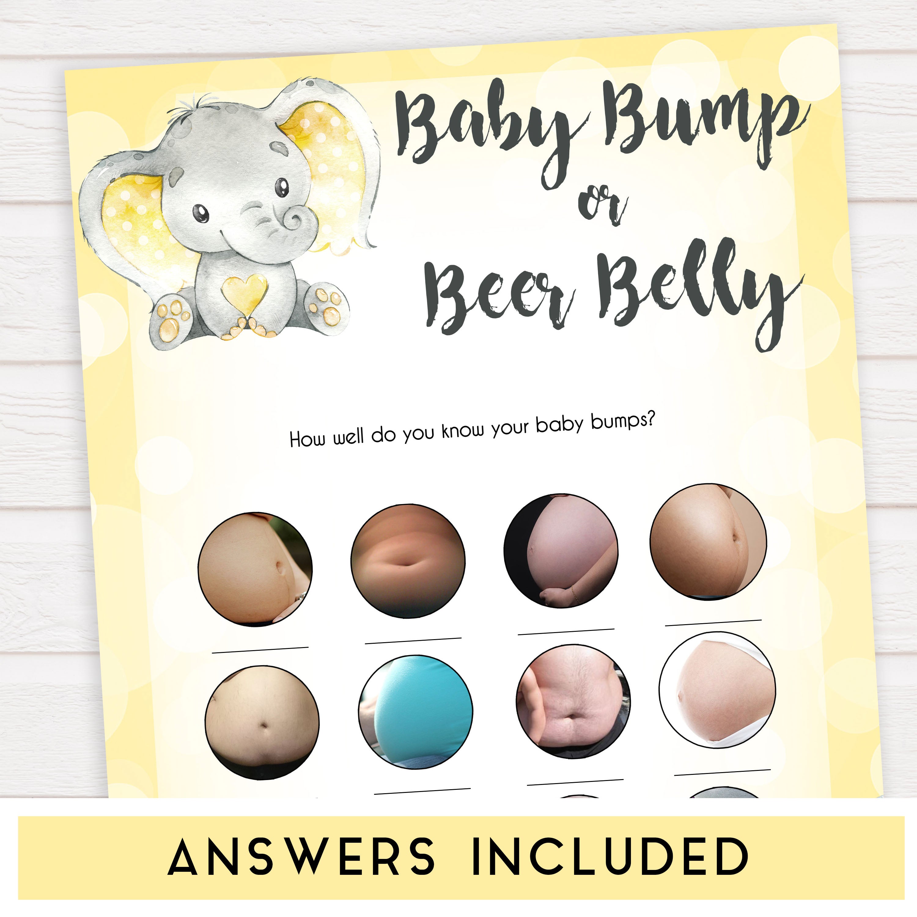 yellow elephant baby games, baby bump or beer belly baby games, yellow baby games, elephant baby shower, fun baby games, top 10 baby games, popular baby games, printable baby games