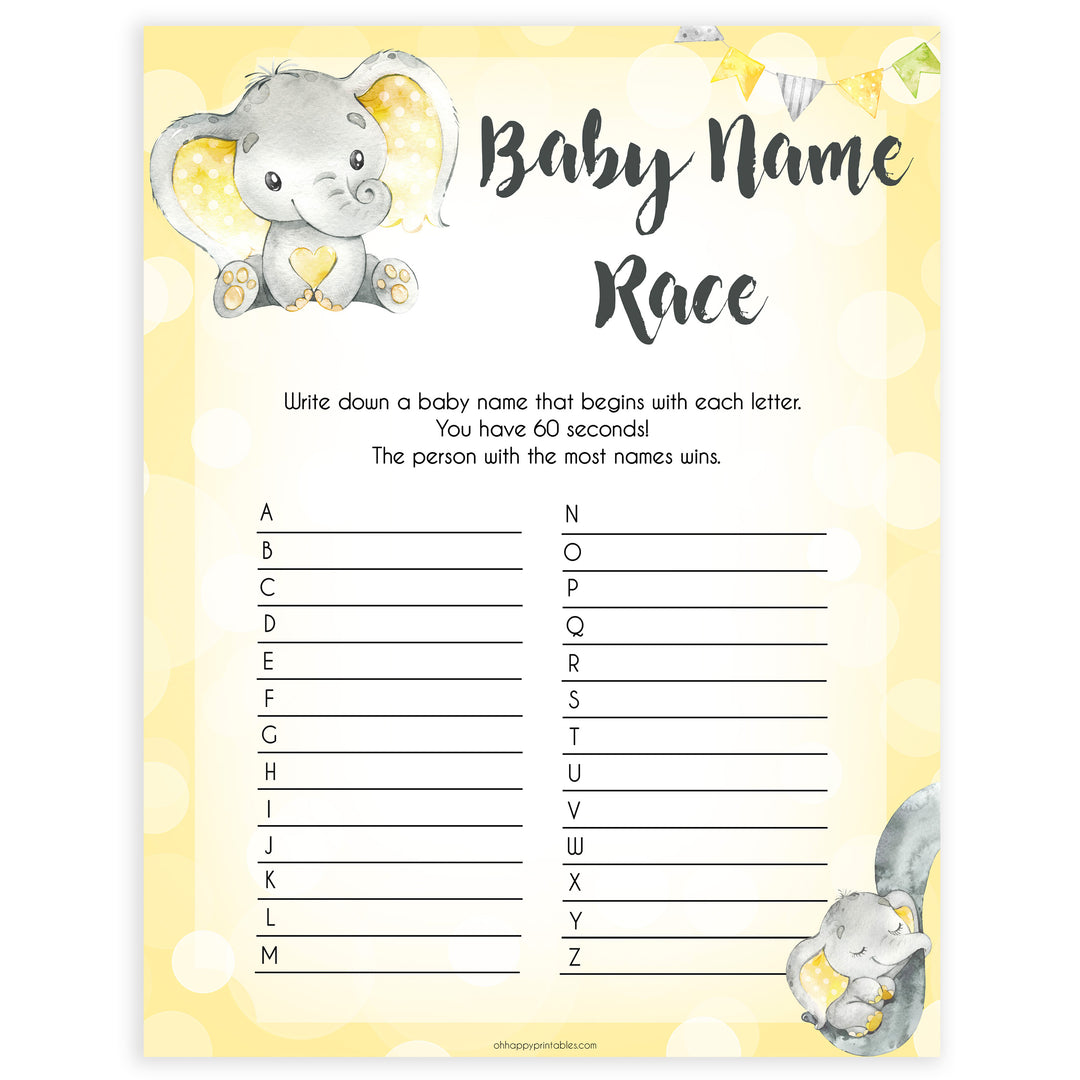 yellow elephant baby games, baby name race baby games, yellow baby games, elephant baby shower, fun baby games, top 10 baby games, popular baby games, printable baby games