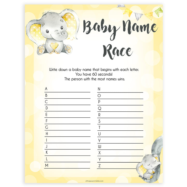 yellow elephant baby games, baby name race baby games, yellow baby games, elephant baby shower, fun baby games, top 10 baby games, popular baby games, printable baby games