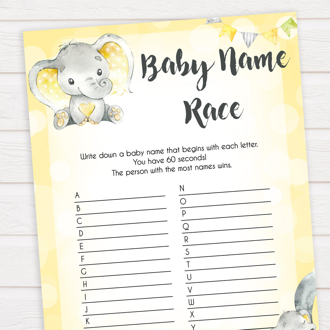 yellow elephant baby games, baby name race baby games, yellow baby games, elephant baby shower, fun baby games, top 10 baby games, popular baby games, printable baby games