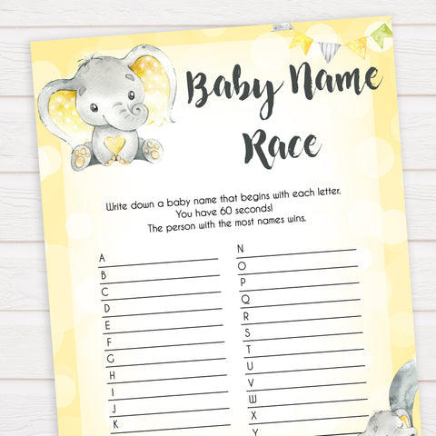 yellow elephant baby games, baby name race baby games, yellow baby games, elephant baby shower, fun baby games, top 10 baby games, popular baby games, printable baby games