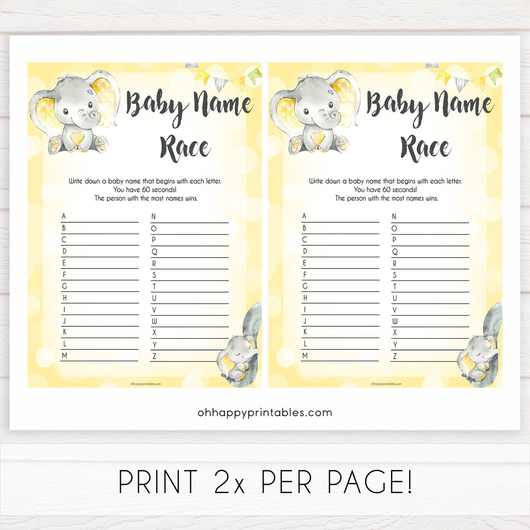 yellow elephant baby games, baby name race baby games, yellow baby games, elephant baby shower, fun baby games, top 10 baby games, popular baby games, printable baby games