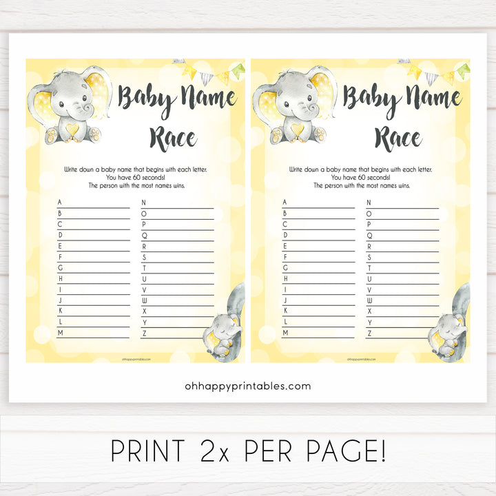 yellow elephant baby games, baby name race baby games, yellow baby games, elephant baby shower, fun baby games, top 10 baby games, popular baby games, printable baby games