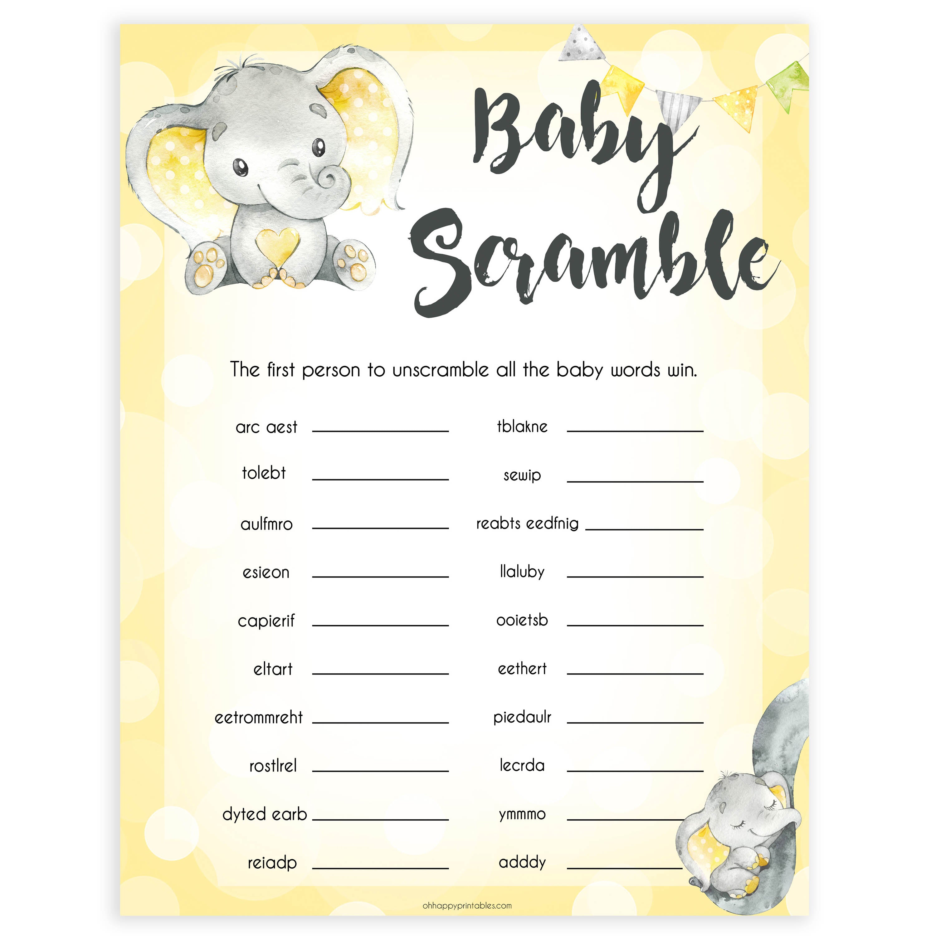yellow elephant baby games, baby scramble baby games, yellow baby games, elephant baby shower, fun baby games, top 10 baby games, popular baby games, printable baby games