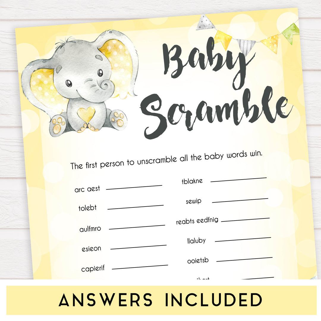 yellow elephant baby games, baby scramble baby games, yellow baby games, elephant baby shower, fun baby games, top 10 baby games, popular baby games, printable baby games