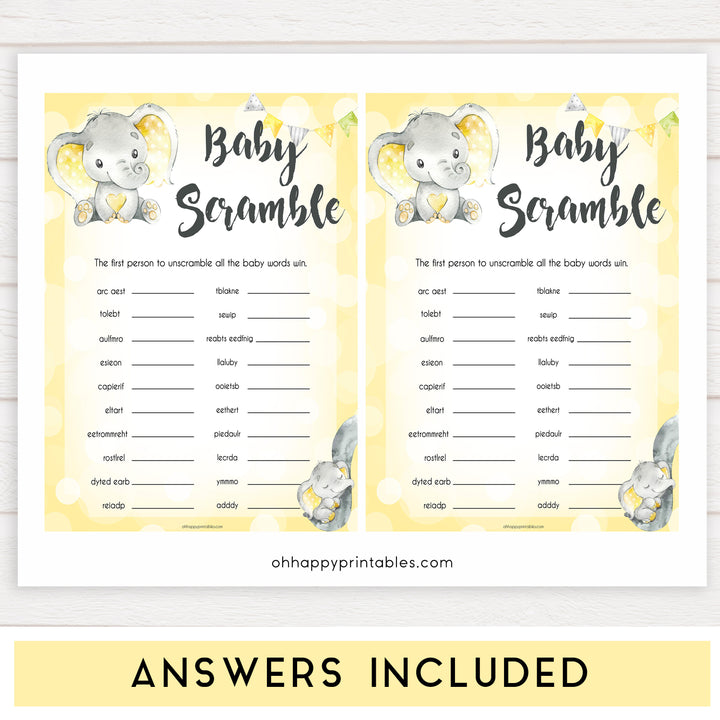 yellow elephant baby games, baby scramble baby games, yellow baby games, elephant baby shower, fun baby games, top 10 baby games, popular baby games, printable baby games