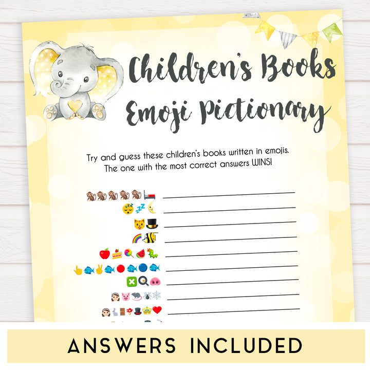 yellow elephant baby games, childrens books emoji pictionary baby games, yellow baby games, elephant baby shower, fun baby games, top 10 baby games, popular baby games, printable baby games