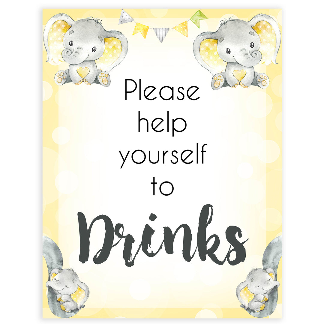Yellow elephants, neutral baby shower signs, drinks baby signs, baby shower signs, baby shower decor, gender reveal ideas, top baby shower ideas, printable baby signs