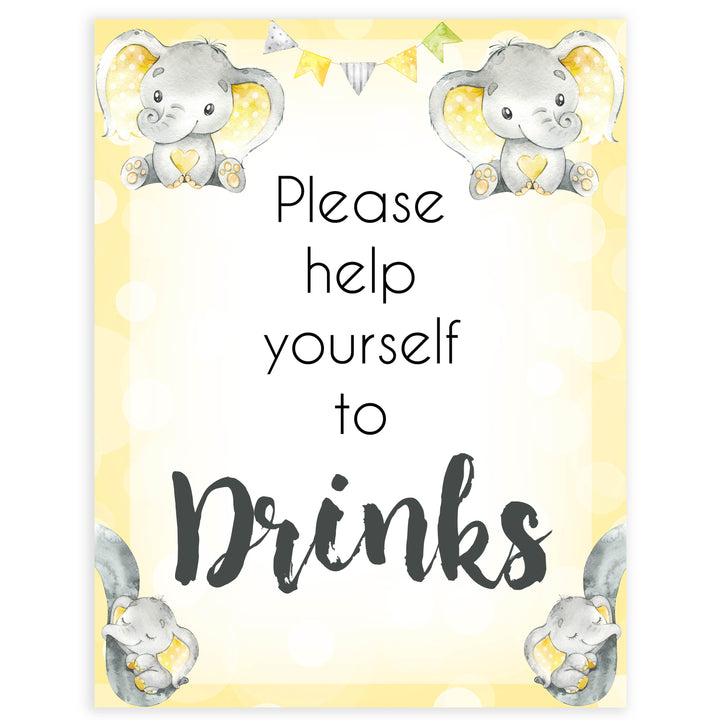 Yellow elephants, neutral baby shower signs, drinks baby signs, baby shower signs, baby shower decor, gender reveal ideas, top baby shower ideas, printable baby signs