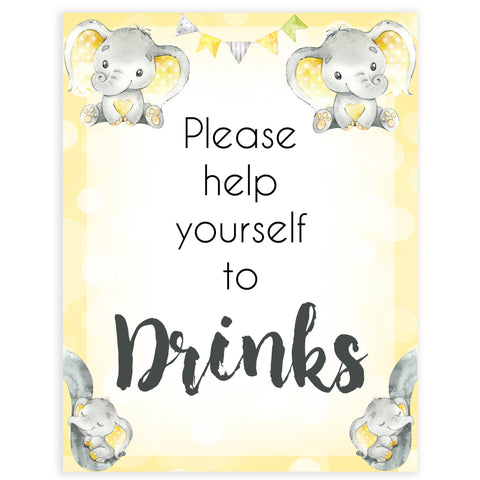 Yellow elephants, neutral baby shower signs, drinks baby signs, baby shower signs, baby shower decor, gender reveal ideas, top baby shower ideas, printable baby signs