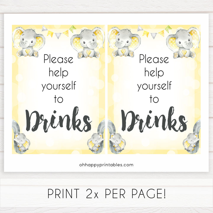 Yellow elephants, neutral baby shower signs, drinks baby signs, baby shower signs, baby shower decor, gender reveal ideas, top baby shower ideas, printable baby signs