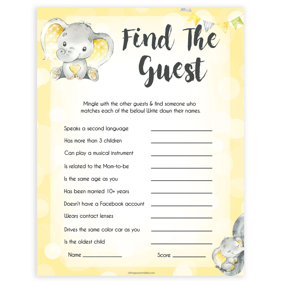 yellow elephant baby games, find the guest baby games, yellow baby games, elephant baby shower, fun baby games, top 10 baby games, popular baby games, printable baby games