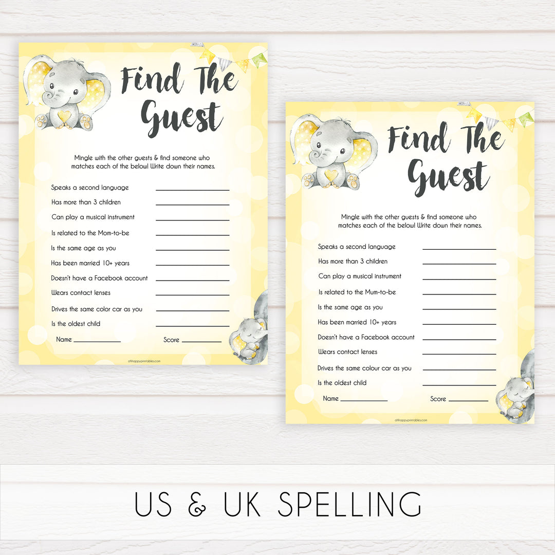 yellow elephant baby games, find the guest baby games, yellow baby games, elephant baby shower, fun baby games, top 10 baby games, popular baby games, printable baby games