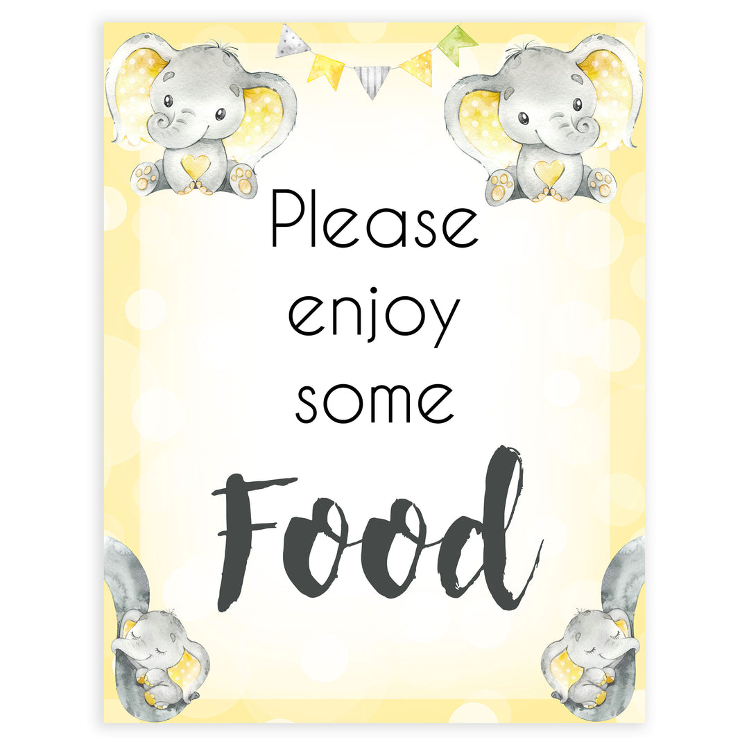 Yellow elephants, neutral baby shower signs, food baby signs, baby shower signs, baby shower decor, gender reveal ideas, top baby shower ideas, printable baby signs