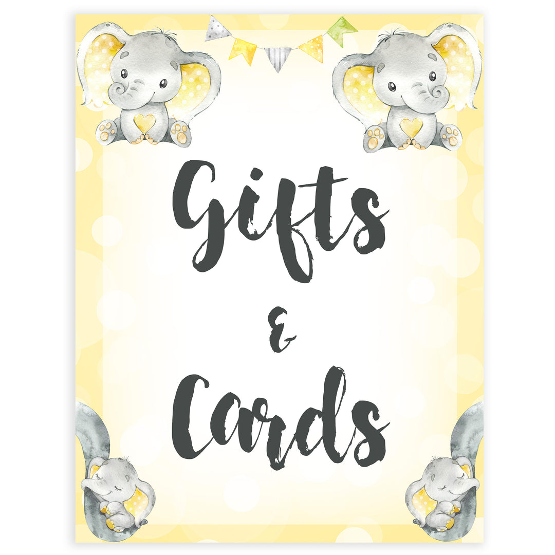 Yellow elephants, neutral baby shower signs, gifts and cards baby signs, baby shower signs, baby shower decor, gender reveal ideas, top baby shower ideas, printable baby signs