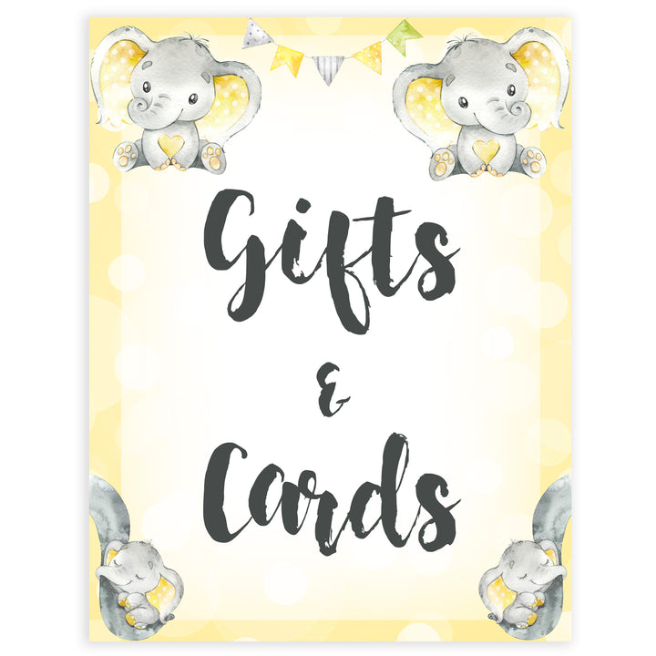 Yellow elephants, neutral baby shower signs, gifts and cards baby signs, baby shower signs, baby shower decor, gender reveal ideas, top baby shower ideas, printable baby signs