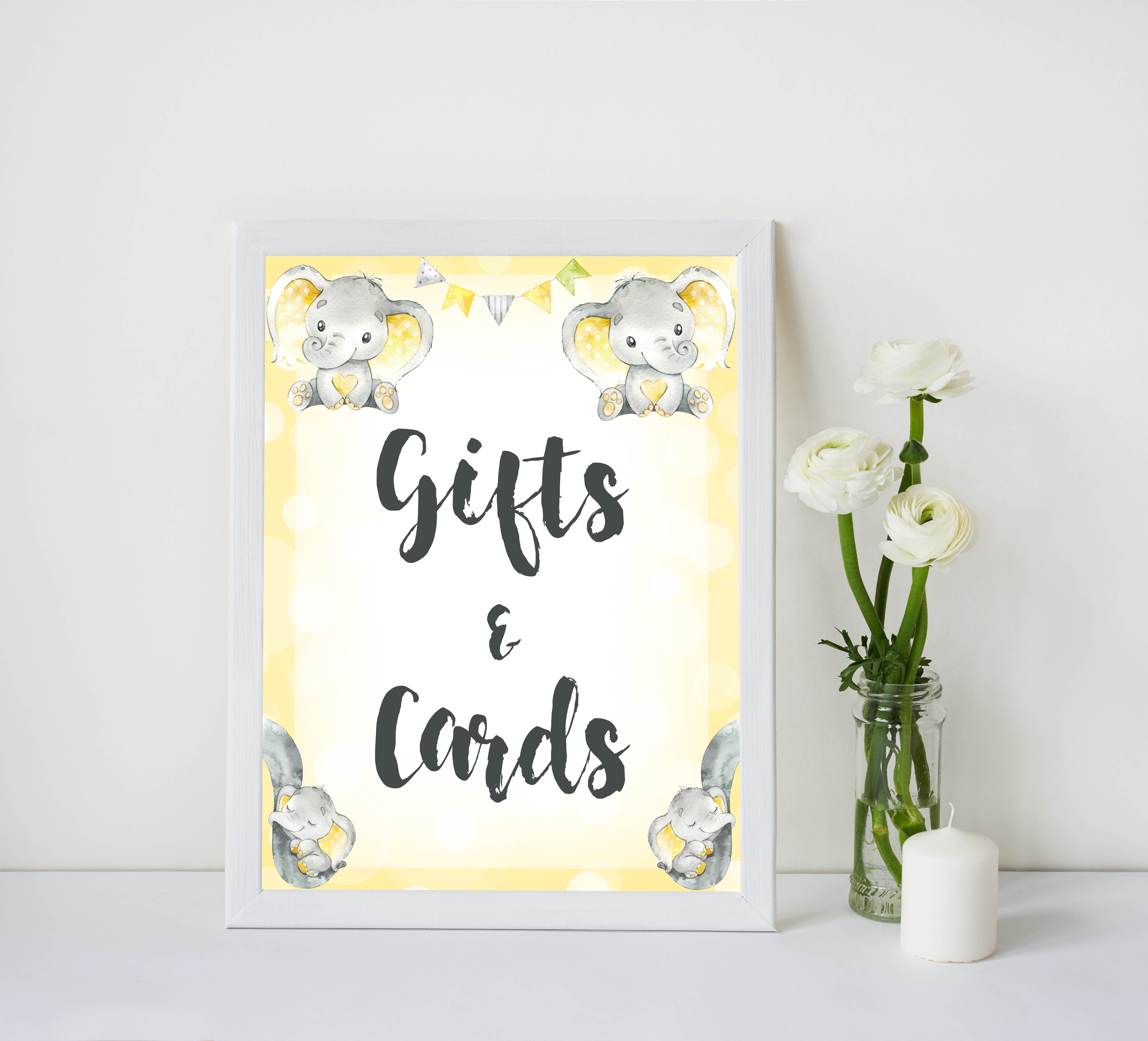 Yellow elephants, neutral baby shower signs, gifts and cards baby signs, baby shower signs, baby shower decor, gender reveal ideas, top baby shower ideas, printable baby signs