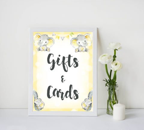 Yellow elephants, neutral baby shower signs, gifts and cards baby signs, baby shower signs, baby shower decor, gender reveal ideas, top baby shower ideas, printable baby signs