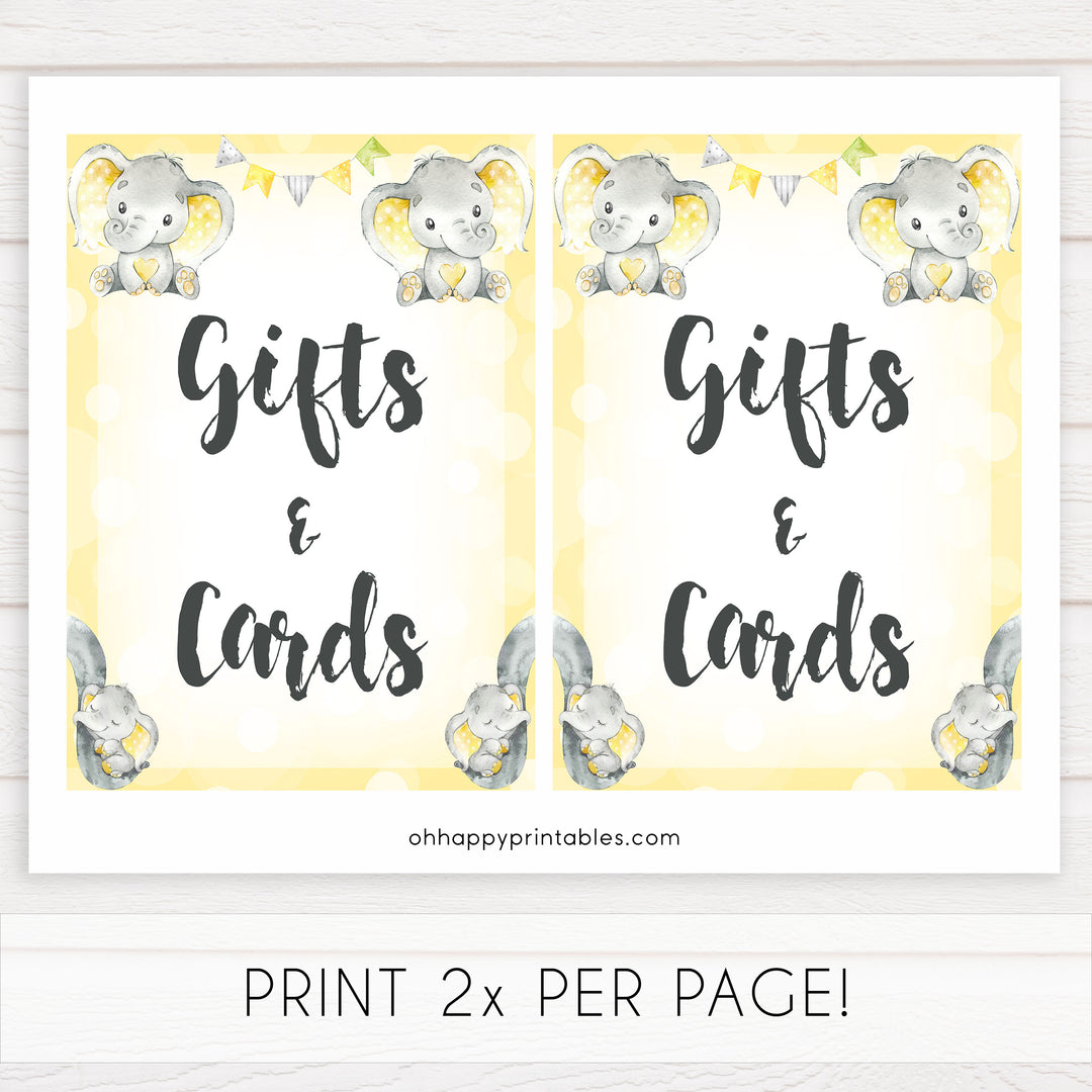 Yellow elephants, neutral baby shower signs, gifts and cards baby signs, baby shower signs, baby shower decor, gender reveal ideas, top baby shower ideas, printable baby signs