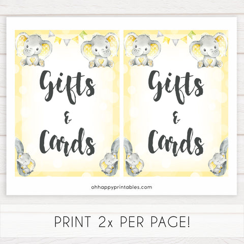 Yellow elephants, neutral baby shower signs, gifts and cards baby signs, baby shower signs, baby shower decor, gender reveal ideas, top baby shower ideas, printable baby signs