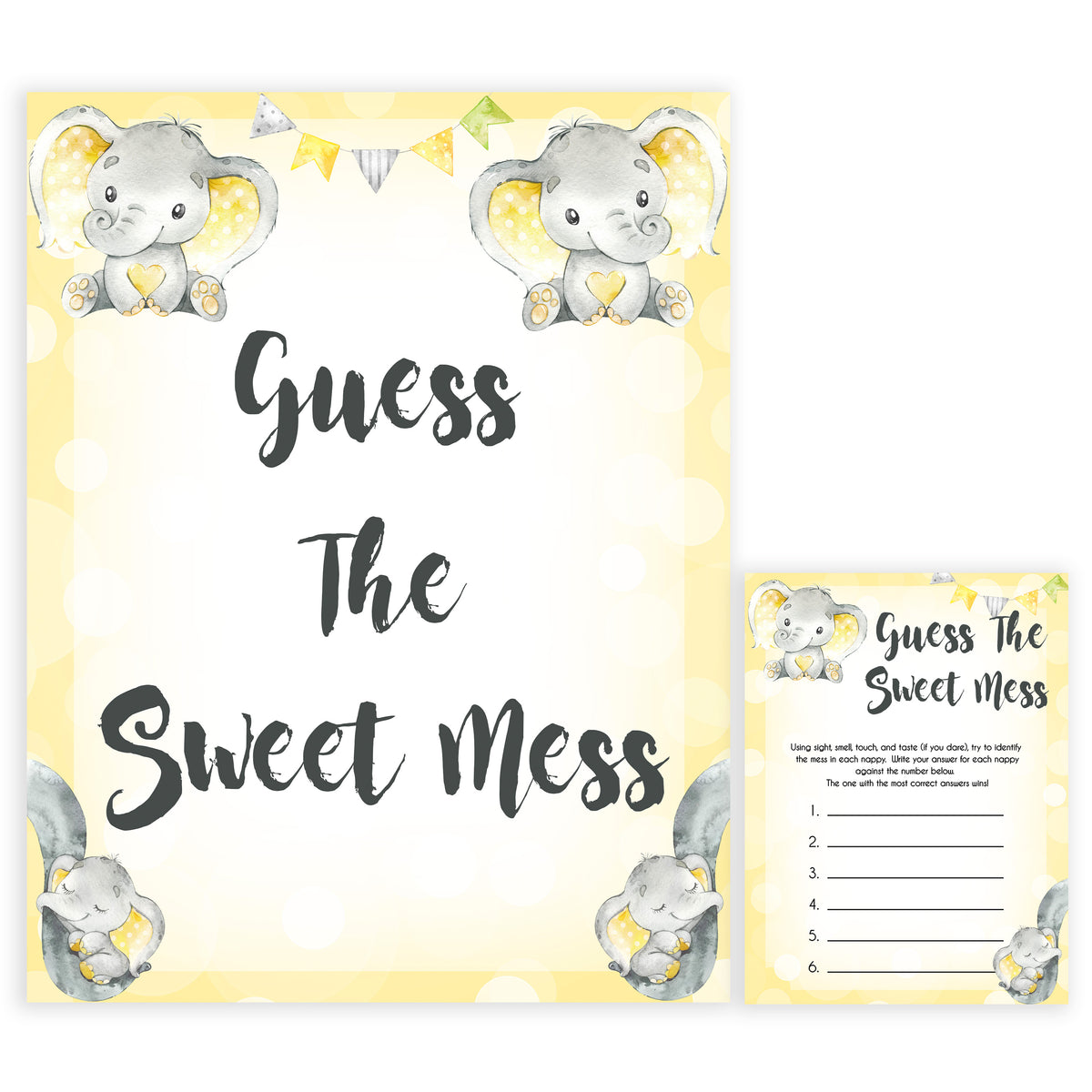 yellow elephant baby games, guess the sweet mess baby games, yellow baby games, elephant baby shower, fun baby games, top 10 baby games, popular baby games, printable baby games