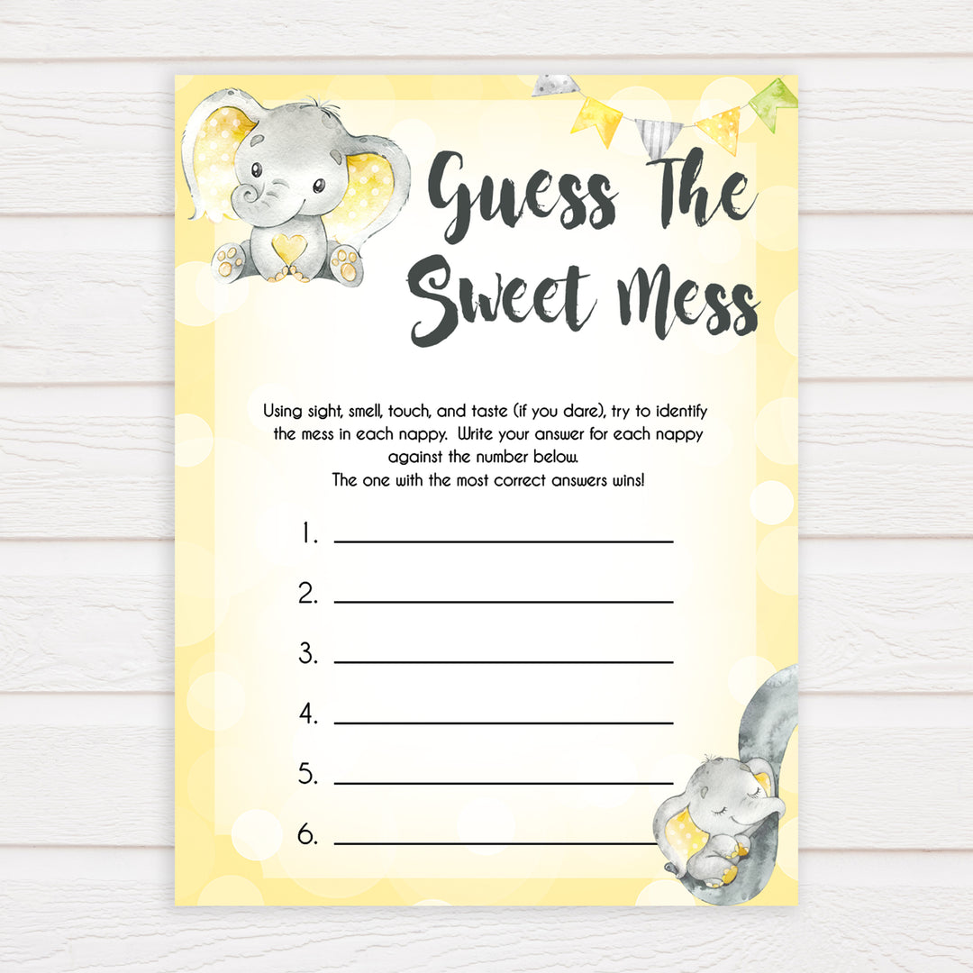 yellow elephant baby games, guess the sweet mess baby games, yellow baby games, elephant baby shower, fun baby games, top 10 baby games, popular baby games, printable baby games