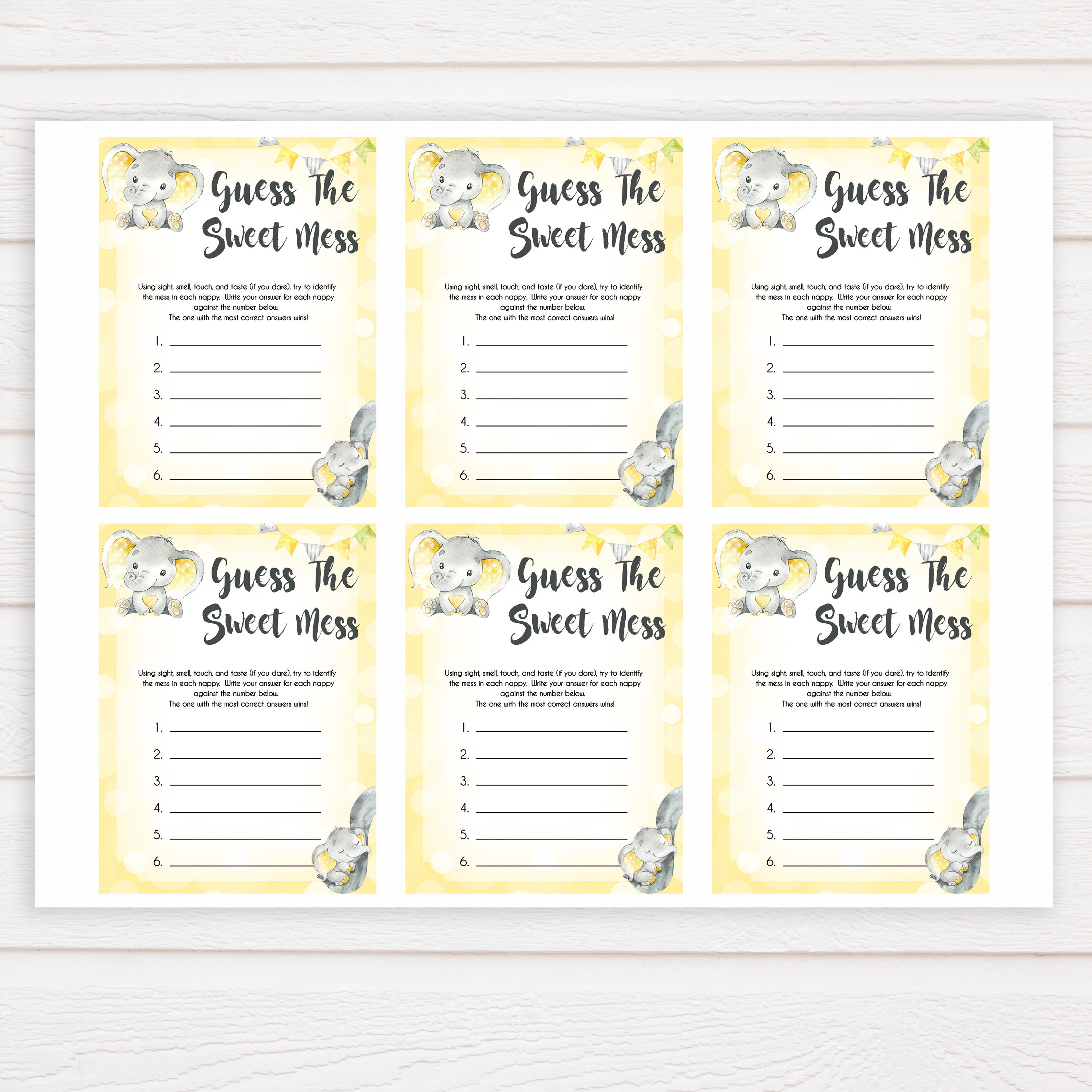 yellow elephant baby games, guess the sweet mess baby games, yellow baby games, elephant baby shower, fun baby games, top 10 baby games, popular baby games, printable baby games