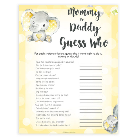 yellow elephant baby games, mommy or daddy guess who baby games, yellow baby games, elephant baby shower, fun baby games, top 10 baby games, popular baby games, printable baby games