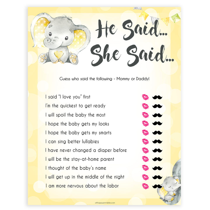 yellow elephant baby games, he said she said baby games, yellow baby games, elephant baby shower, fun baby games, top 10 baby games, popular baby games, printable baby games