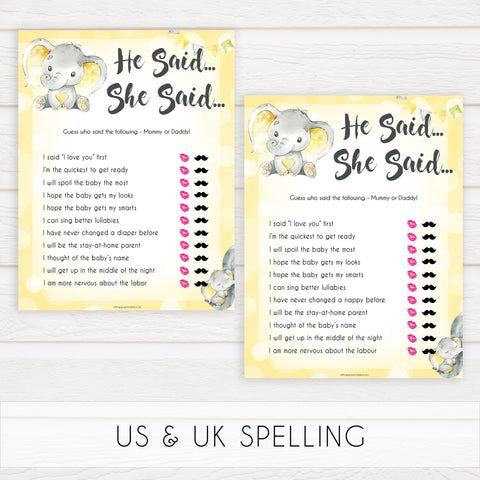 yellow elephant baby games, he said she said baby games, yellow baby games, elephant baby shower, fun baby games, top 10 baby games, popular baby games, printable baby games
