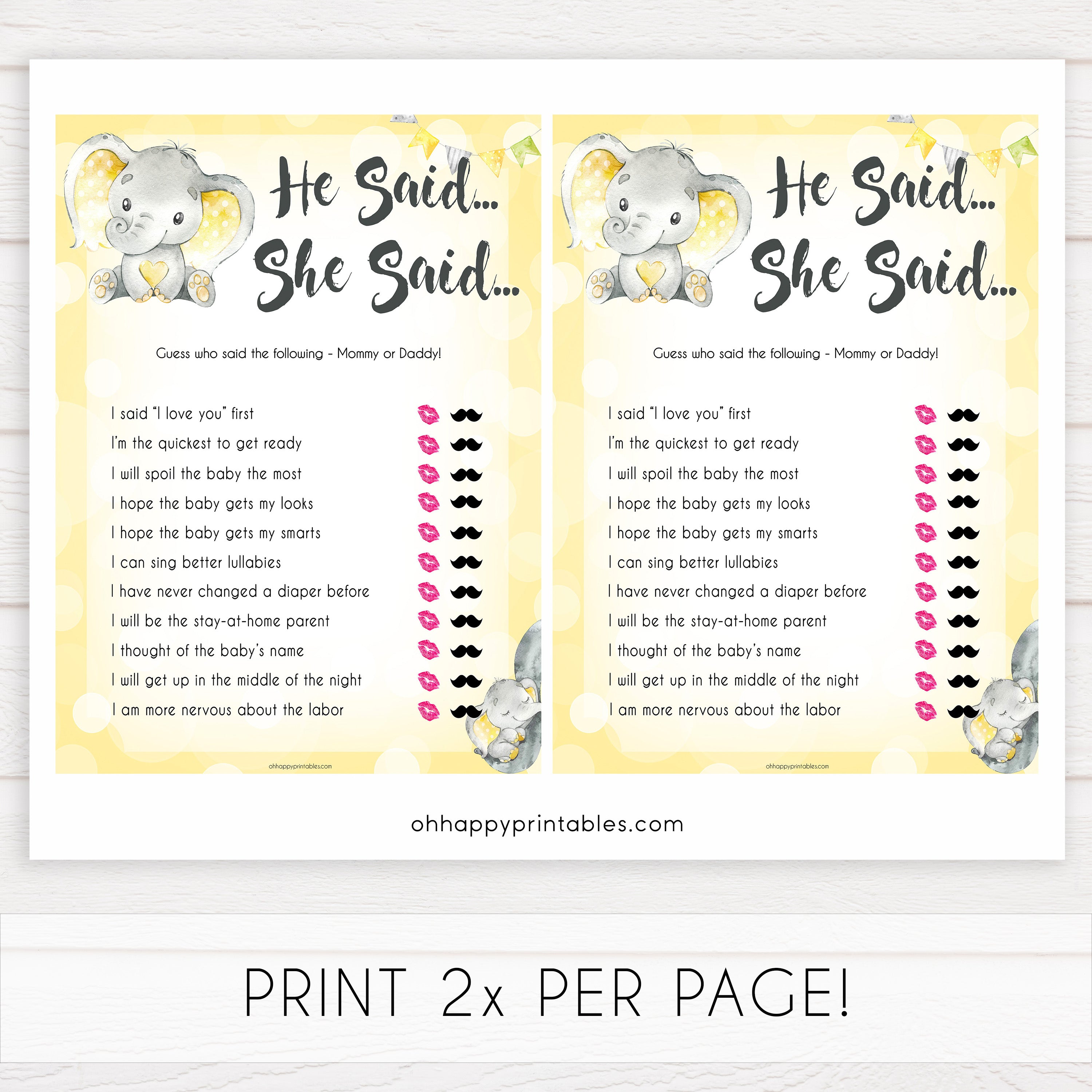 yellow elephant baby games, he said she said baby games, yellow baby games, elephant baby shower, fun baby games, top 10 baby games, popular baby games, printable baby games