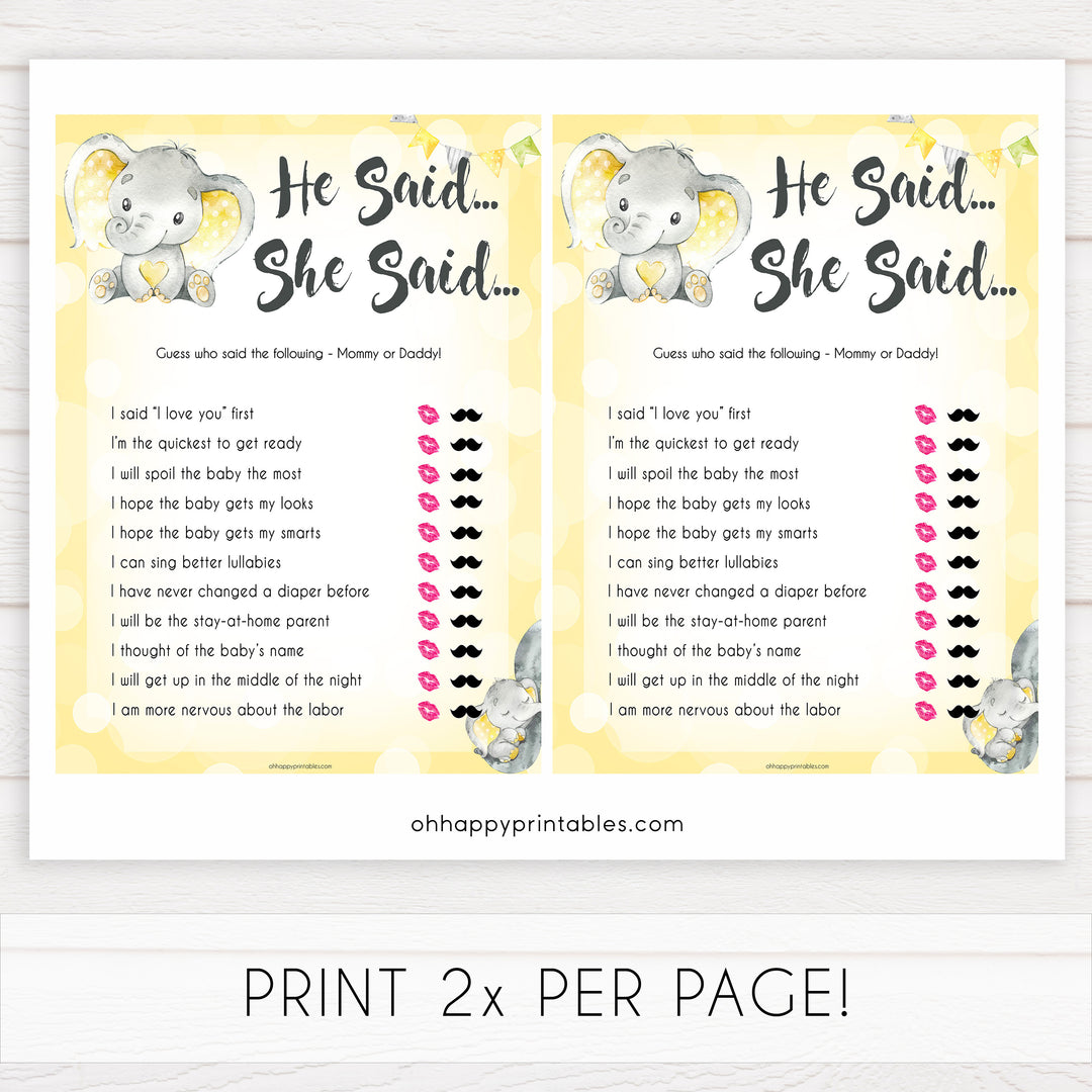 yellow elephant baby games, he said she said baby games, yellow baby games, elephant baby shower, fun baby games, top 10 baby games, popular baby games, printable baby games