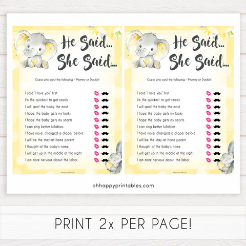 yellow elephant baby games, he said she said baby games, yellow baby games, elephant baby shower, fun baby games, top 10 baby games, popular baby games, printable baby games