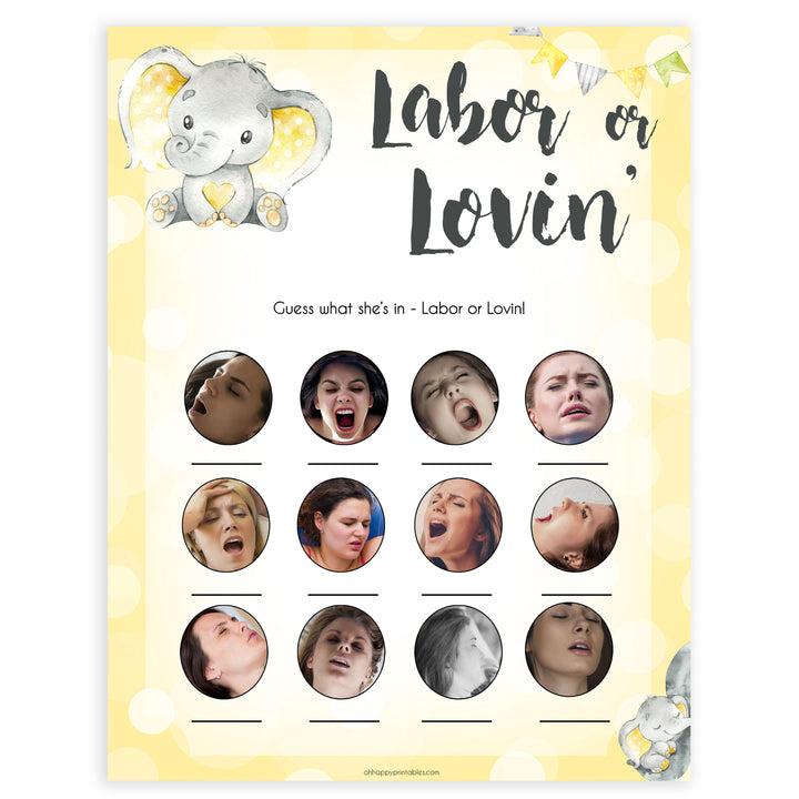 yellow elephant baby games, labor or lovin, labor or porn baby games, yellow baby games, elephant baby shower, fun baby games, top 10 baby games, popular baby games, printable baby games