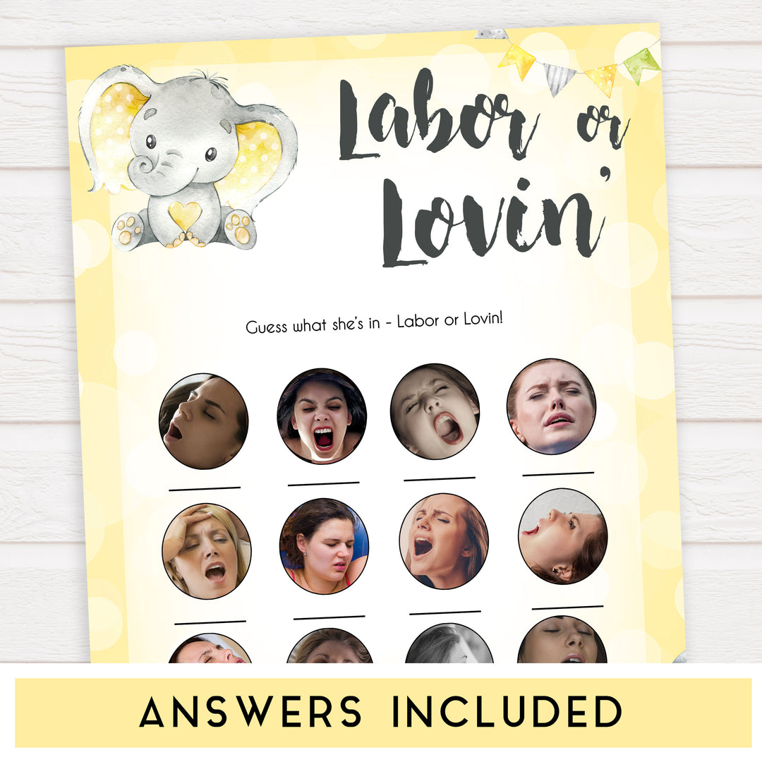 yellow elephant baby games, labor or lovin, labor or porn baby games, yellow baby games, elephant baby shower, fun baby games, top 10 baby games, popular baby games, printable baby games