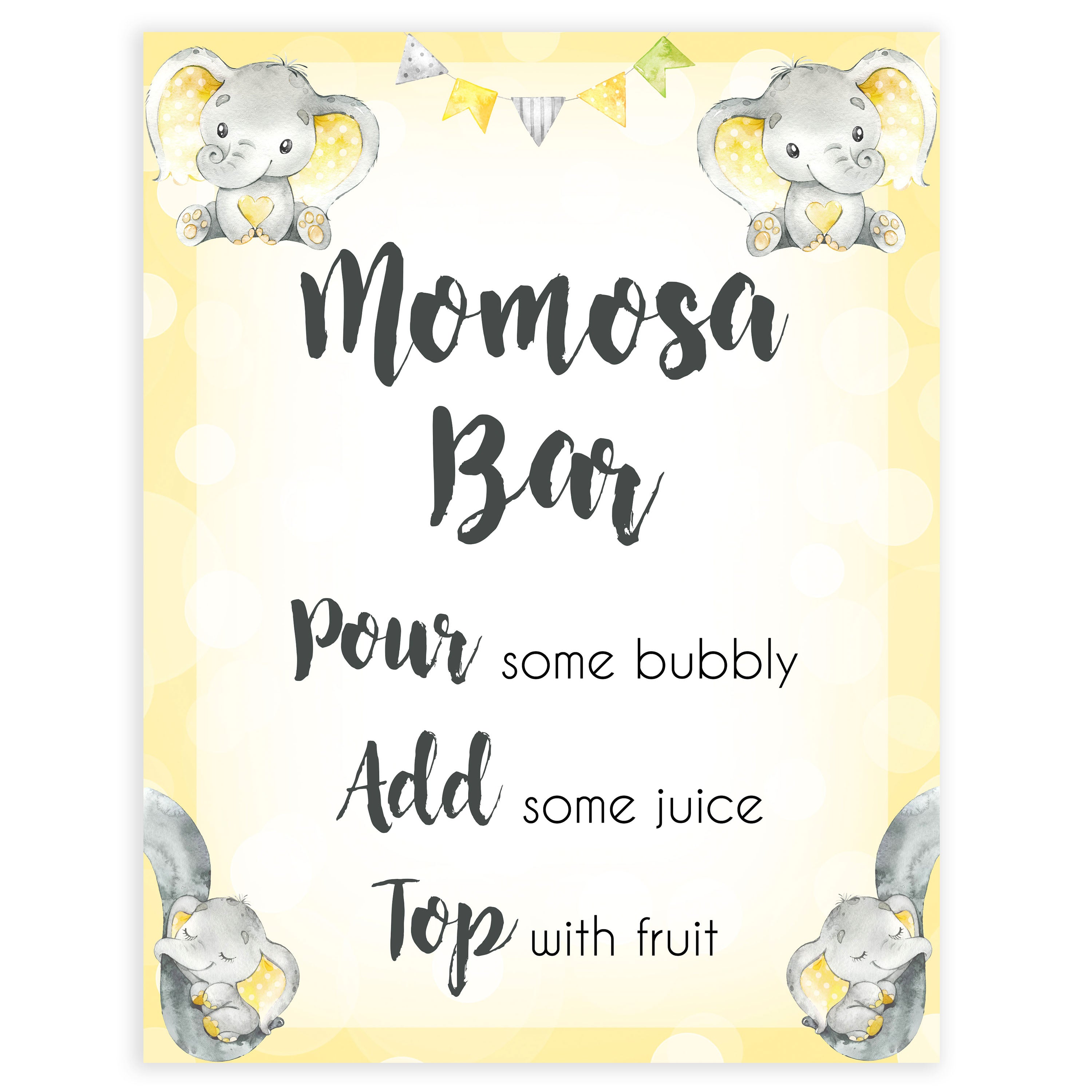 Yellow elephants, neutral baby shower signs, momosa sign baby signs, baby shower signs, baby shower decor, gender reveal ideas, top baby shower ideas, printable baby signs