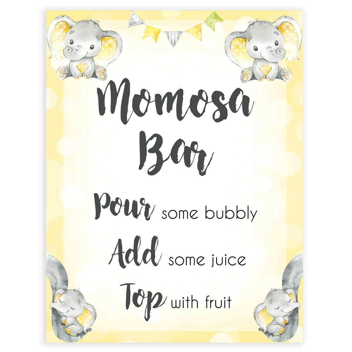 Yellow elephants, neutral baby shower signs, momosa sign baby signs, baby shower signs, baby shower decor, gender reveal ideas, top baby shower ideas, printable baby signs