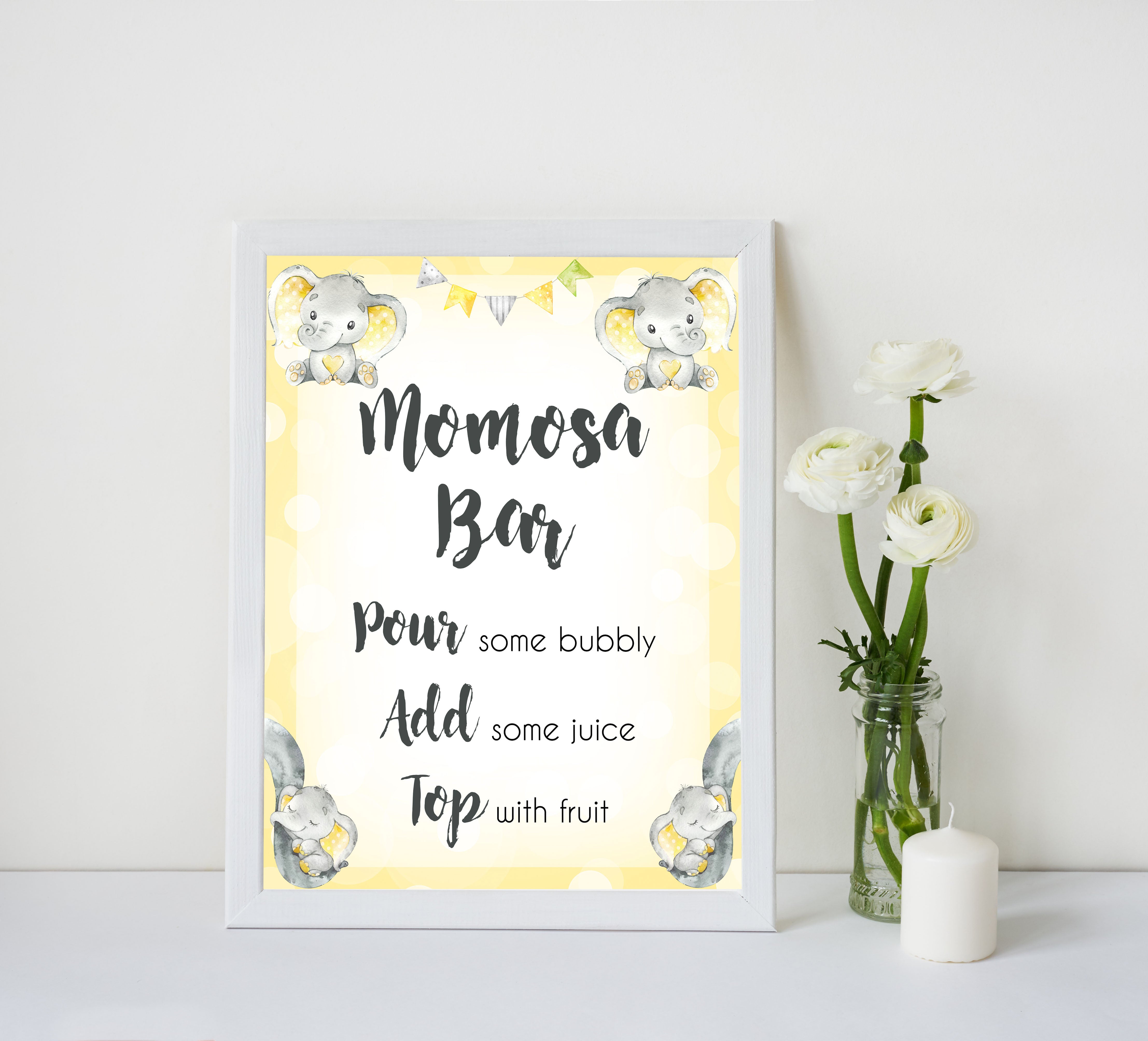 Yellow elephants, neutral baby shower signs, momosa sign baby signs, baby shower signs, baby shower decor, gender reveal ideas, top baby shower ideas, printable baby signs