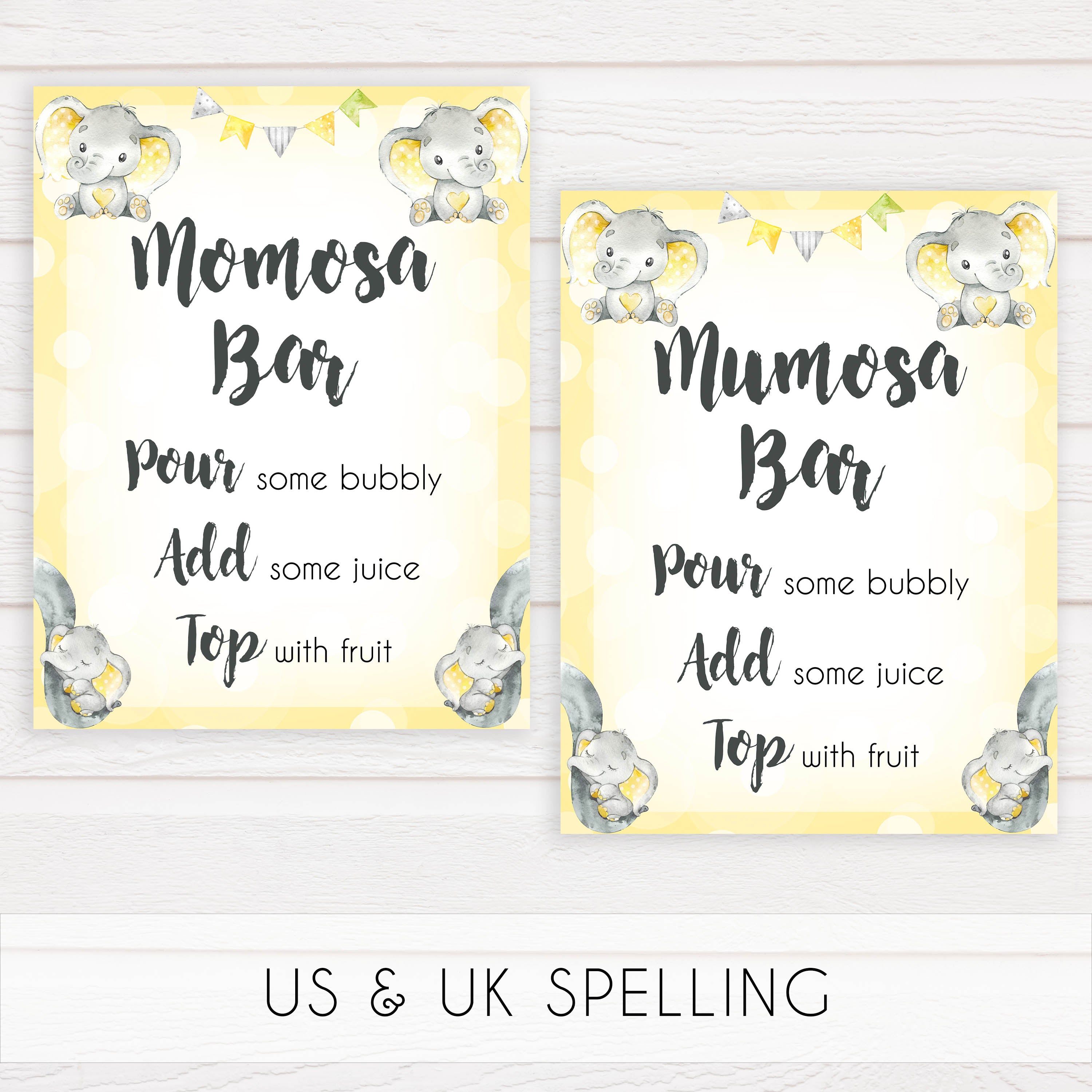 Yellow elephants, neutral baby shower signs, momosa sign baby signs, baby shower signs, baby shower decor, gender reveal ideas, top baby shower ideas, printable baby signs
