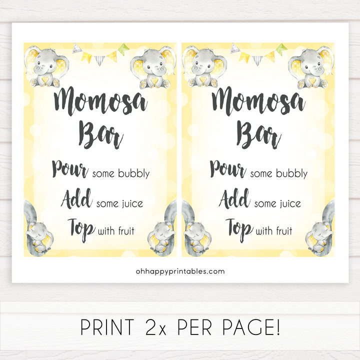 Yellow elephants, neutral baby shower signs, momosa sign baby signs, baby shower signs, baby shower decor, gender reveal ideas, top baby shower ideas, printable baby signs